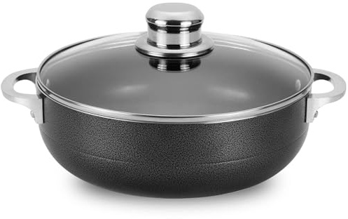 Alpine Cuisine 3.5-Quart Nonstick Aluminum Caldero Pot with Glass Lid & Riveted Handle | Durable Cookware for Stews, Rice & More | Easy Cleanup, Black