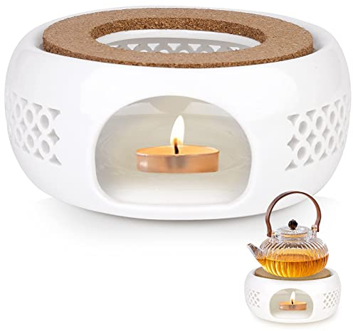 Vegena Teiera - Teiera Teiera Teiera, Riscaldatore in Ceramica con Cuscino in Sughero, Scaldacaffè, Scaldabetta Bianca, Design Intagliato