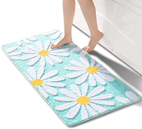 QJHOMO Grün Badezimmerteppich Niedliche Gänseblümchen Badematte rutschfest Waschbar Badteppich Weiße und Gelbe Blume Badvorleger Weiche Duschvorleger Absorbierende Badezimmer Teppich 60x120 cm