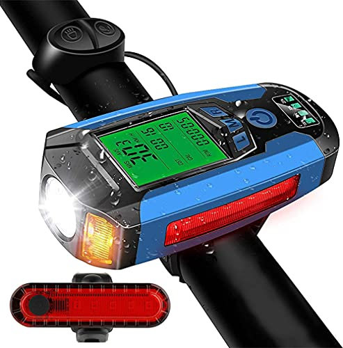 Lazeny Luz Bicicleta Recargable USB, Luces Bicicleta Delantera con Velocímetro Odómetro y Bocina, Luz Bicicleta Impermeable Trasera Linterna para Ciclismo Carretera y Montaña para la Noche (BLU)