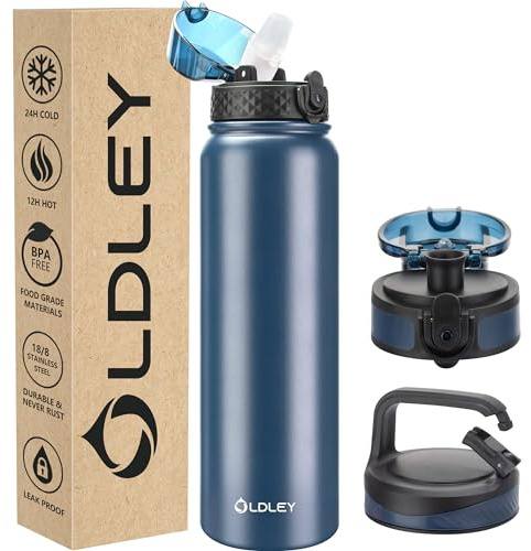 OLDLEY Edelstahl Trinkflasche mit Strohhalm 1L Isolierte flasche mit 3 Deckel Große Thermosflasche 1 Litre Auslaufsicher Halten Heiß Kalt für Sport Gym Camping Fahrrad (Marineblau, 3 Deckel)