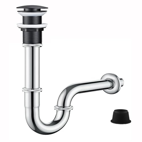 Waschbecken Sifon Siphon Ablaufgarnitur Pop Up Ablaufventil Abfluss Überlauf Siphon Universal für Waschbecken & Waschtisch - Abflussgarnitur passgenau (Ablaufgarnitur mit Schwarz Ohne Überlauf)