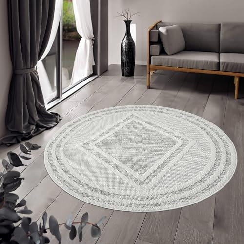 payé Teppich Rund - 120x120cm - Beige - Boho Style - Modern Raute Optik - Flachflor Wohnteppich Schlafzimmer Deko