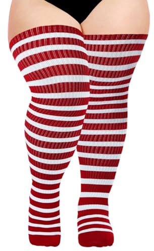 Moon Wood Overknee Strümpfe Damen Thigh Highs Extra Lang Overknees kniestrümpfe Damen Baumwoll Oberschenkelhohe Socken Lang StiefelStrümpfe Große Größen Rot & Weiß