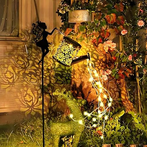 Luces solares para regadera, cadena de luces LED solares con soporte de hadas, jardín al aire libre, impermeable, patrón floral, luces de metal, para patio, camino, decoración de plantas (1)