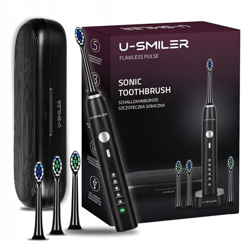 U-SMILER Schallzahnbürste, Mit Reiseetui, Timer und 4 Aufsätzen, 3 Geschwindigkeiten, Wiederaufladbare Elektrische Zahnbürste, Reisezahnbürste, IPX8, Effiziente Zahnreinigung, Schwarz