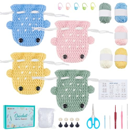 FREEBLOSS 4 Set Häkelset Für Anfänger Häkel Hai Set Häkel Starter Set Mit Schritt Für Schritt Videoanleitungen Häkel Starter Set Basteln Für Erwachsene Häkel Set Mit Kordelzugbeutel