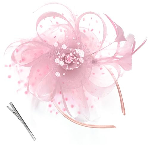 XOKL Fascinators per Matrimoni, Rosa Fascinator per Donne Fascinators Cappello Tea Party Maglia Fiore Piuma Perline Clip Fascia Cocktail Party Copricapo per Donne Ragazze (Rosa)
