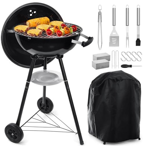 45.7 cm Holzkohlegrill, HaSteeL 2-in-1 Kugelgrill Outdoor Grill, Tragbarer Schwarzer BBQ Grill für Camping/Hinterhof/Terrasse/Picknick, Porzellan-Emaillierter Deckel & Feuerschale, 254.SQ.IN