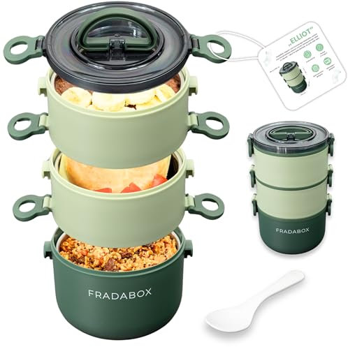 FRADABOX® Bento Lunchbox „Elliot“ 2400ml, 3 Etagen mit Besteck, Premium Edelstahl Dose Grün, BPA-freie Brotdose groß, Meal Prep Bento Box Fächer für Erwachsene auslaufsicher und mikrowellengeeignet