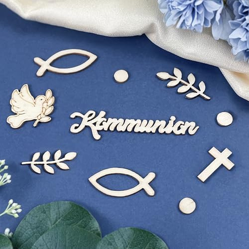 120 Stück Streudeko Kommunion Deko, Tischdeko Kommunion Holz | Erstkommunion Deko Holz, Holzfische Schriftzug mit Streudeko Fisch Kreuz Taube Ähren Tupfen Deko Kommunion mädchen Junge