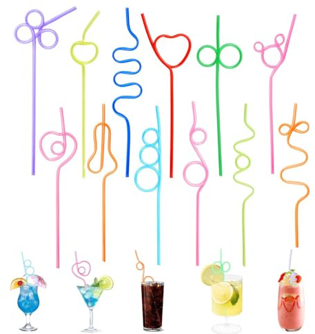 Trinkhalme mit Knoten Curly, 12 Stück Bunt Cocktail Strohhalme, Strohhalm Wiederverwendbar, Curly Trinkhalm für Geburtstagsfeier, Saft-Dekoration, Cocktails,10 Farben, 12 Formen