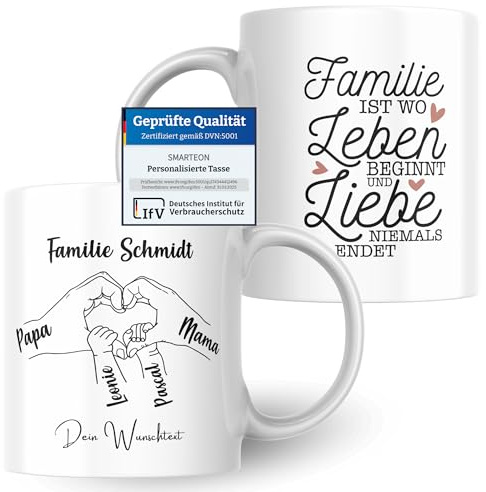 SMARTEON Tasse personalisiert | Kinderhände mit Namen als individuelles Geschenk für Papa und Mama als Andenken oder Fotogeschenk für Eltern und Kinder, Bedruckte Tasse (Papa & Mama)