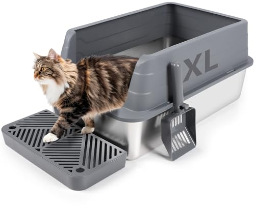 Bartuke Lettiera per gatti in acciaio inox con paletta, vaschetta per lettiere con lati alti, anti-schizzi, senza odori, non appiccicosa, facile da pulire(Grigio scuro)
