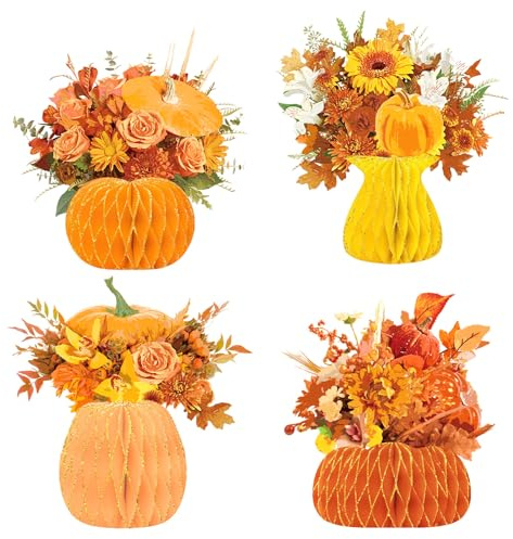 NICROHOME EUR Decorazione autunnale, 4 vasi di carta a nido d'ape con fiori artificiali, zucca, marrone, arancione, decorazione per l'autunno, per Halloween, casa, cucina
