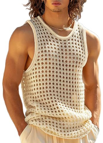 Generisch Hombres Crochet Tank Tops Hueco Transparente Chaleco de Punto Cuello Redondo Verano Camisetas de Punto, 20, S