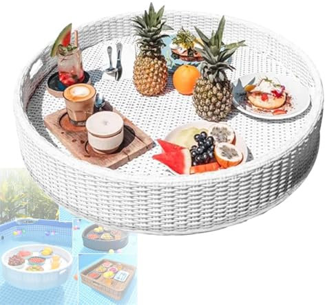Plateau De Service Flottant Pour Piscine, Spa Et Bain - Support Rond éTanche Pour Aliments Et Boissons Pour FêTes, Bancs De Sable Et DéTente, Plateau Flottant En Rotin Pour,White-60cm