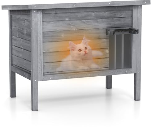 GYMAX Outdoor Insulated Cat House, Weatherproof Feral Cat Shelter with All-Round Foam, Double Room, Openable Asphalt Roof, PVC Door, Wooden Pet House for Winter Outside (Light Gray) | with All-Round Foam, Double Room, Openable Asphalt Roof, PVC Door, Wooden Pet House for Winter Outside (Light Gray)