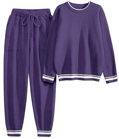 Niwicee Pigiama Donna Invernale Pile Pigiami Caldo Felpato Abbigliamento da Notte per la Casa Pigiami Due Pezzi Felpa a Maniche Lunghe e Pantaloni con Tasche (Viola, M)