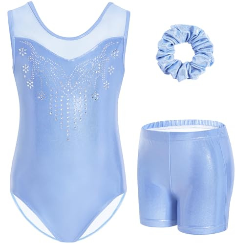 Gogokids Ärmlös gymnastikdräkt med strass, 3-delar, för flickor, med short och bandeau, mesh-infällning, gymnastikdräkt för flickor från 3 till 12 år, perfekt som present, Färg: blå, 140(130-140 cm,9