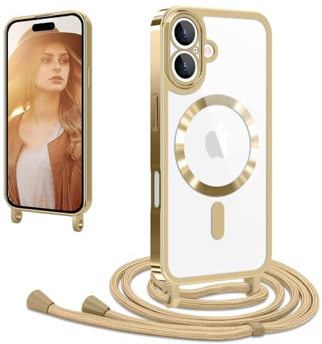 CaseLover Magnetische Handyband kompatibel mit iPhone 17 6.3 Hülle mit Band, Klare Silikon Necklace Handyhülle mit Kordel zum Umhängen Stossfest mit Kameraschutz Bumper Schutzhülle Case, Gold