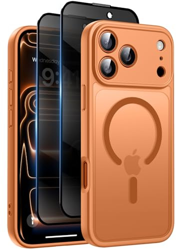 HeIssitot Magnetic for iPhone 17 Pro Case, with Privacy Screen Protectors X2, [Camera Protection] [15FT Military Drop Protection] Translucent Matte Back Slim Shockproof Phone Cover, Orange