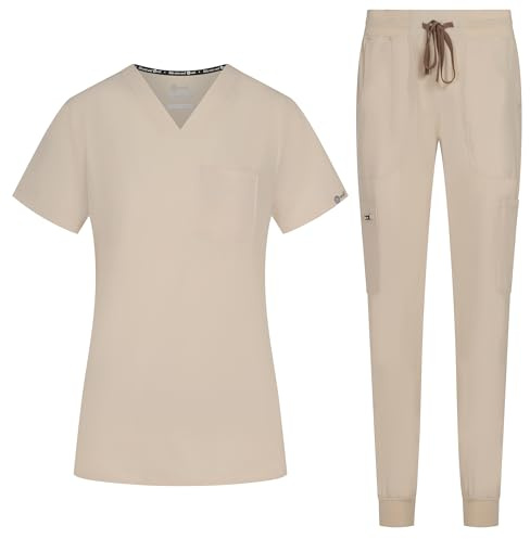 B-well NAOMI Sskrubbset slip-väska + slip-on-set medicin läkare uniform slip-jacka topp med byxor medicinska arbetskläder med elastan, sand, L