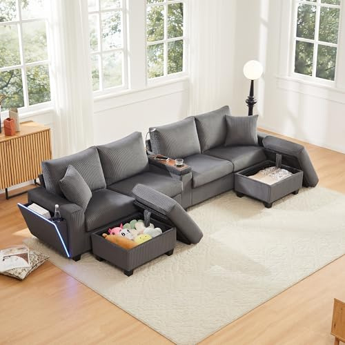 BTM U-förmiges Cord-Sofa mit 2 Hockern, Leselampe, Klappablage, Getränkehalter, USB/Type-C, Beidseitige Armlehnen mit dekorativer LED-Beleuchtung; grau, Maße:334x128.5x81cm