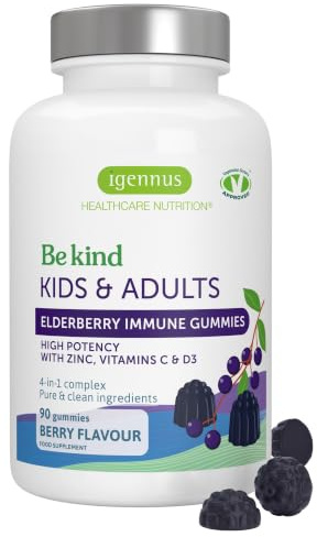 Igennus Elderberry Immune Gummies, Vitamin C, Zinc & D3, 90 Gummies | Kids & Adults 4-in-1 Formula, Clean Label, 75:1 Concentration Standardised Extract, Natural Flavours, Vegetarian