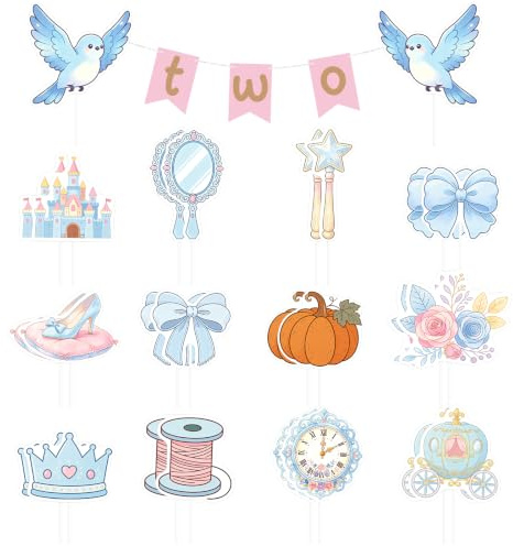 24Pcs Princess Cake Toppers Birthday Decorations Cupcake, Cute Cupcake Toppers Glitter Pink Blue for Princess Cake Decorations Baby Shower Party, 1 Mini Banner Included