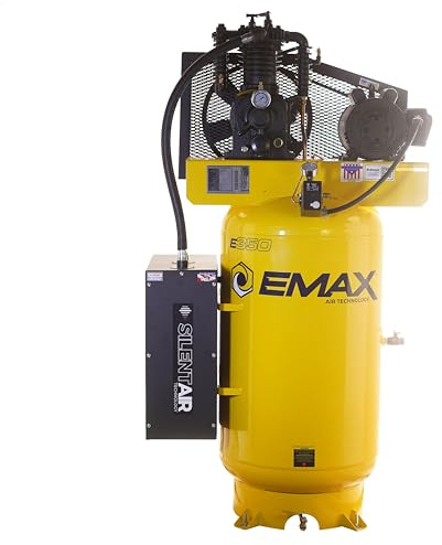 EMAX E350 Stationary Air Compressor - 5hp 80 Gal. 2 Stage Single Phase Industrial Compressor with Pressure Lubricated Pump & Silent Air System - ESP05V080I1