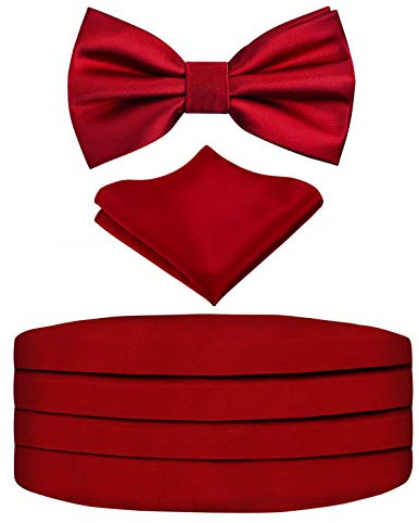 Alizeal Mens Prom Bow Tie, Handkerchief and Cummerbund Set (Solid Wine Red)