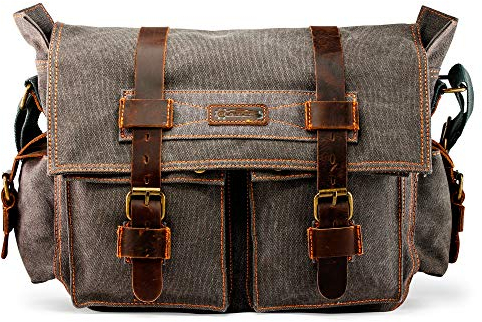 GEARONIC Messenger Bag für Laptop Vintage Canvas Leder Crossbody Satchel Schulter Computer Tasche Reise Büro Messenger Bag, Schiefer, 14 inch, Vielseitig, Vintage