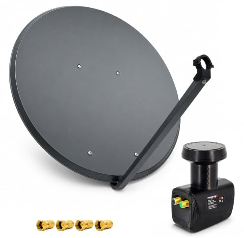 PremiumX Satelliten-Komplettanlage 100cm Satellitenschüssel Aluminium Anthrazit Antenne Twin LNB 4X F-Stecker, SAT bis 2 Teilnehmer