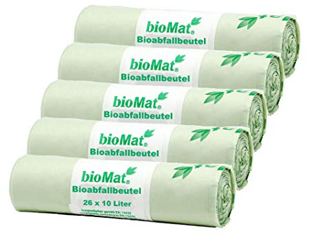 bioMat Kompostierbare 10l Biomüllbeutel mit Tragegriff, 130 Tüten, Premium-Qualität, DINplus Zertifiziert, Klimaneutral, Made in Germany