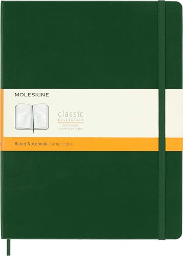 Moleskine Klassisches Notizbuch, Liniertes Notizbuch, Hardcover und Elastischer Verschluss, Größe XL 19 x 25 cm, Farbe Myrtegrün, 192 Seiten