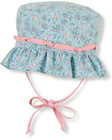 Sterntaler - Mädchen Baby Kinder Sonnenhut Fischerhut zum Binden mit Ohrenklappen „Blumen/Vögel“, blau – 1402013, Größe 45