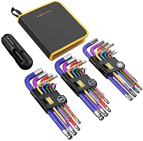 AMTOVL 27PCS Allen Key Set, Metric & SAE Allen Wrench Set, Extra Long Ball & Star End Hex Keys with T-Handle & Color Coding for Bicycle, Household DIY