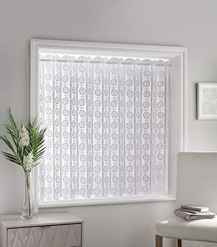 Milan - Floral Patterned, Vertical Louvre Style Window Blind, Pleated Lace Panel Curtain, with café curtain style top in White (Width - 72 (183cm) x Drop - 36 (91cm))
