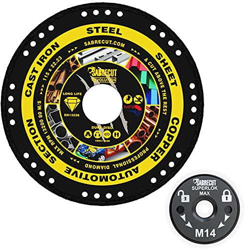 SabreCut 2pcs VB115MEGRA 115mm x 22.23mm Bore Diamond Disc & M14 Flange | Vacuum-brazed diamond disc cuts metal; quick-change M14 flange provides secure tool-free disc changes