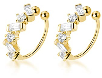 SLUYNZ 925 Sterling Silver CZ Cuff Earrings for Women Teens Small Hoop Earrings No Piercing Cartilage Earrings (B-Gold)