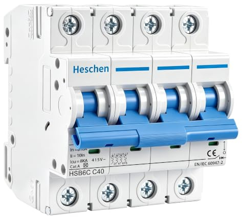 Heschen Disjoncteur miniature HSB6C, courant 40 A, 4 pôles, type C, capacité de coupure 6 kA, montage sur rail DIN