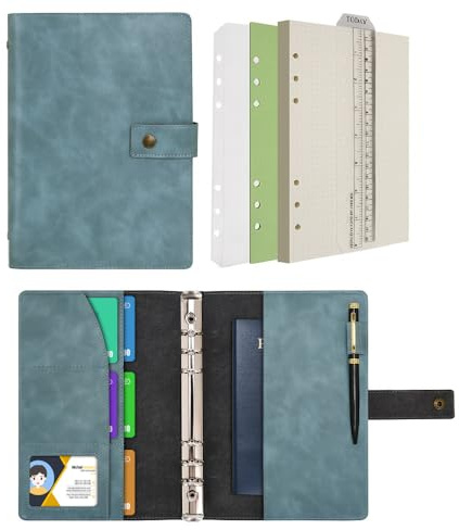 Wonderpool Leder Nachfüllbares Notizbuch Ringbuch A5 Tagebuch - Gepunktetes Papier & Echtleder Innentaschen für Reisearbeit und Organizer (Himmelblau, A5)