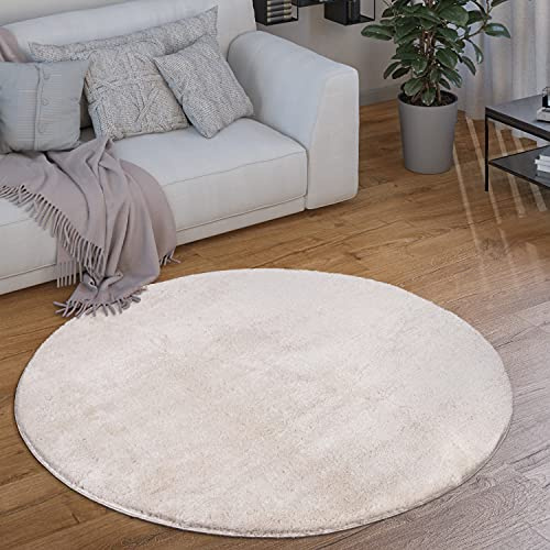 Paco Home Waschbarer Teppich Rund Wohnzimmer Kurzflor rutschfest Modern Flauschig Einfarbiges Muster, Grösse:200 cm Rund, Farbe:Creme