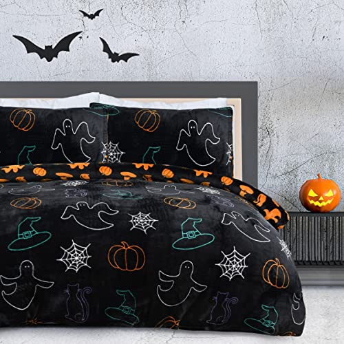 Sleepdown Halloween Spooky Ghost Black Orange Flannel Fleece Reversible Duvet Cover Quilt Bedding Set with Pillowcase Warm Soft Easy Care Bed Linen - Single (135cm x 200cm), 5056557512508