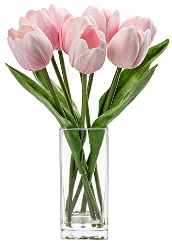 Hollyone 8PCS Artificial Tulips with Glass Vase Realistic Fake Flowers, Real Touch Pink Faux Flowers in Vase for Home, Living Room, Wedding, Centerpiece, Office, Party Decorations