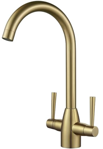 NewEast Gold Kitchen Tap, Swan Neck Kitchen Sink Tap with Swivel Spout, Dual Lever Hign Arc Kitchen Monobloc Mixer Tap