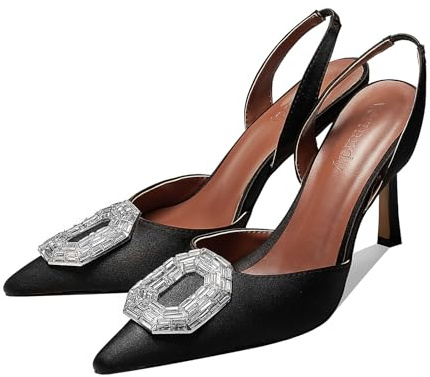 Vertundy Women's Slingback Rhinestone Heels - Pointed Toe Satin Crystal Stiletto Heeled Sandals Party Wedding Bride Pump Shoes, Black, 5 UK