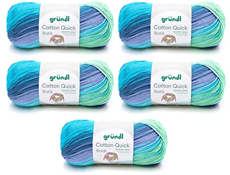 Gründl Wolle Cotton Quick Batik - dünne Wolle zum Häkeln mit Farbverlauf - Strickgarn - Glänzend und hautfreundlich - 100% Baumwolle - 5 Knäuel 100 g / 260 m - Nadelstärke 3-4 - Blau-violett-grün