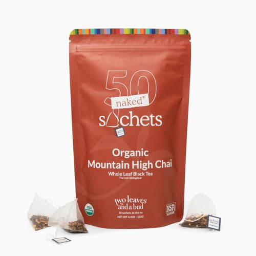 Two Leaves and a Bud Organic Mountain High Chai Tea Bags, Whole Leaf Black Tea and Spices in Unwrapped Sachets, 50 Count (Pack of 1)